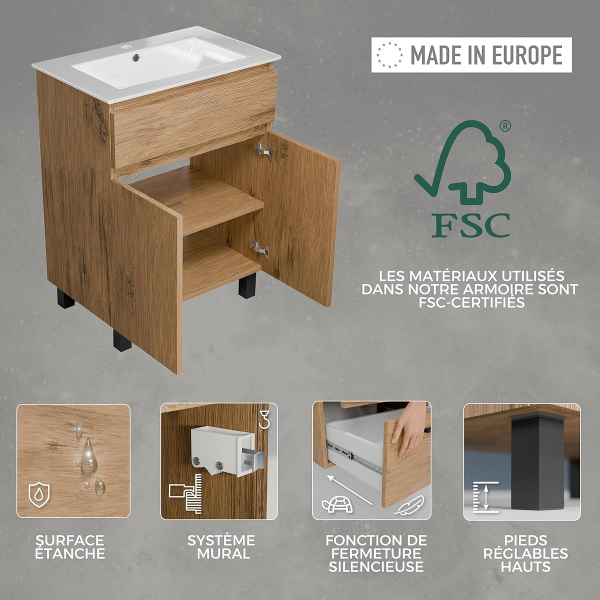 paplinskimoebel Meuble Salle de Bain 60 cm avec Vasque Ariza Sink | Meuble sous lavabo avec 1 tiroir et 2 Portes | Suspendu ou Debout | Bois Chêne