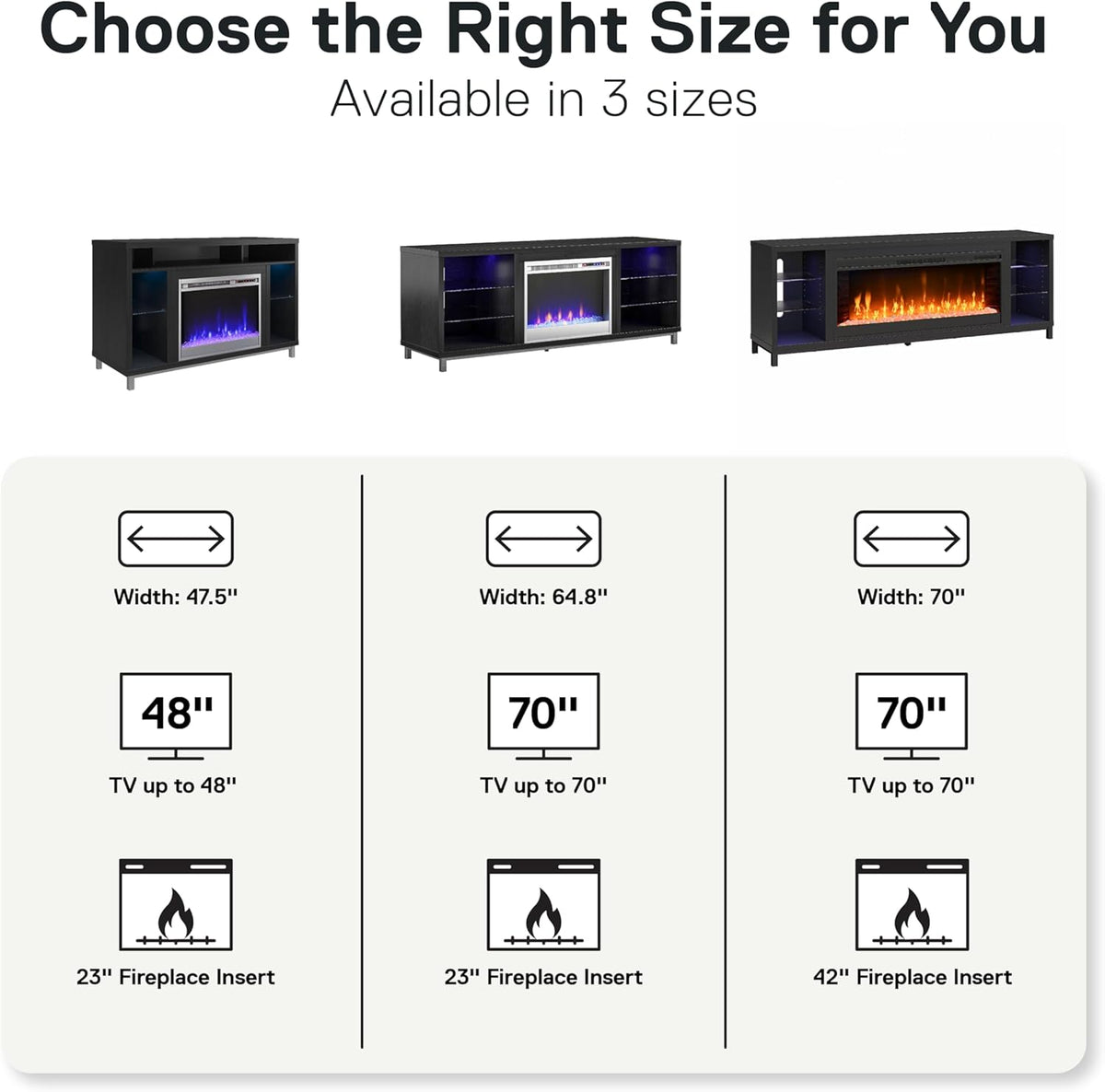 Ameriwood Home Meuble TV avec cheminée Lumina, chêne Noir, pouvant accueillir des téléviseurs jusqu'à 70 Pouces, Meuble multimédia Moderne avec éclairage LED RGB