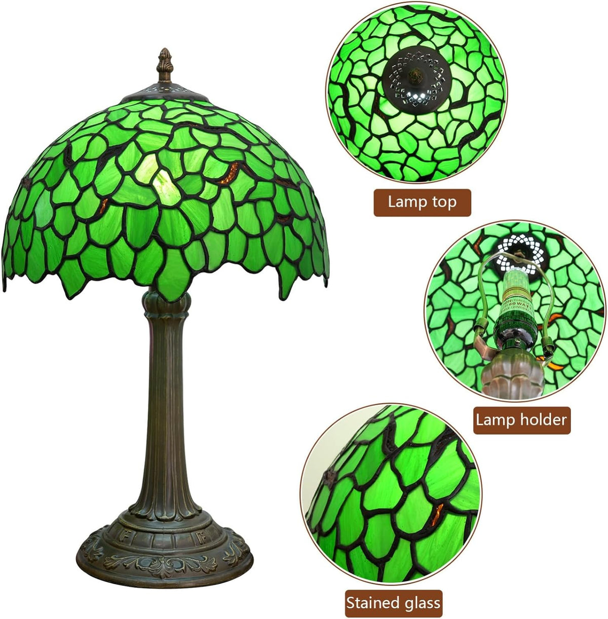 Lywins Tiffany Lampe de Table Vitrail Abat-jour E27 30cm Feuilles Vertes Invité Salle a Manger Bar Lampe Étude Chambre Chevet Lampe De Bureau