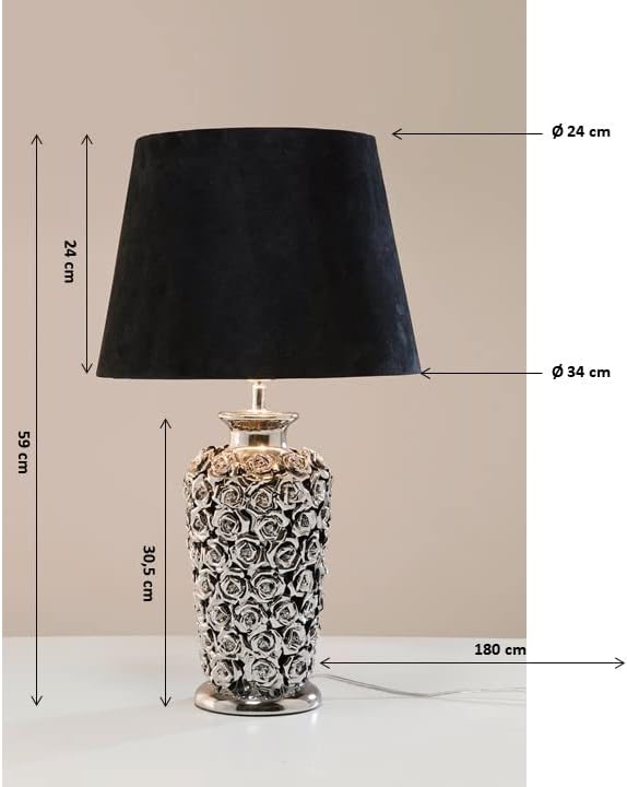 Kare Design Lampe à Poser Rose, Noir/Argent, Faïence, Motif de Roses, Lampe de Table, Lampe Salon, Deco Intérieur, Décoration Chambre, Couloir, 59x34x34 cm Ampoule Non Incluse