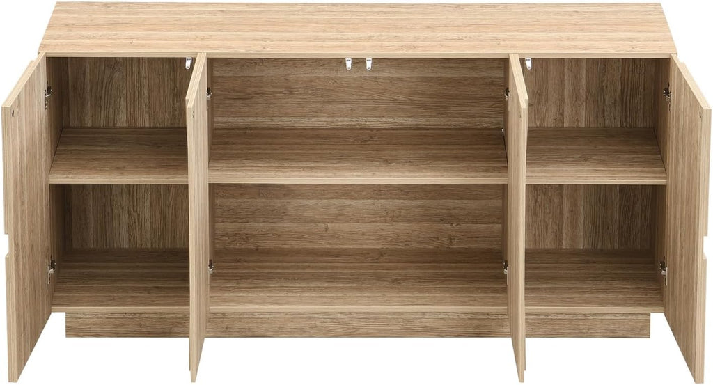 PUGSDRLY Armoire à Couverts avec étagères, Buffet avec Ferme-Portes, Armoire de Rangement en Bois Naturel à Quatre Portes(160 x 40 x 80 cm)