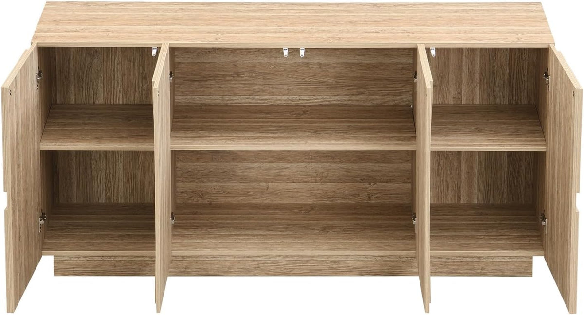 PUGSDRLY Armoire à Couverts avec étagères, Buffet avec Ferme-Portes, Armoire de Rangement en Bois Naturel à Quatre Portes(160 x 40 x 80 cm)
