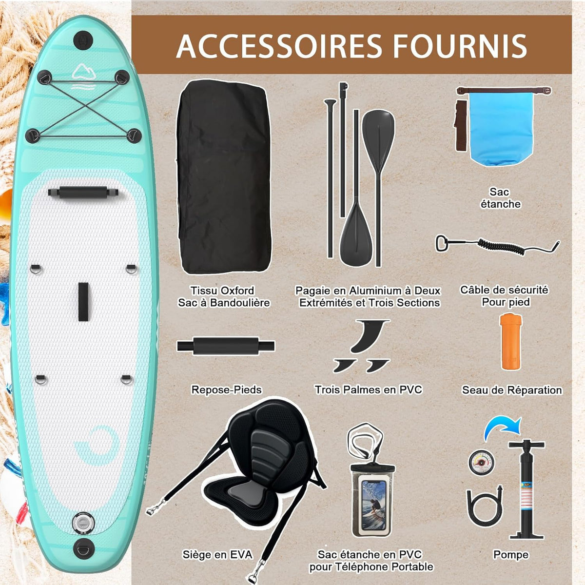 JUMMICO Stand Up Paddling Board, 320 cm x 80 cm x 15 cm, Planche de Sup Gonflable, Stand Up Paddle 2-en-1 avec siège de Kayak, Protection réglable Contre Les Rayures et Accessoires, jusqu'à 160 kg