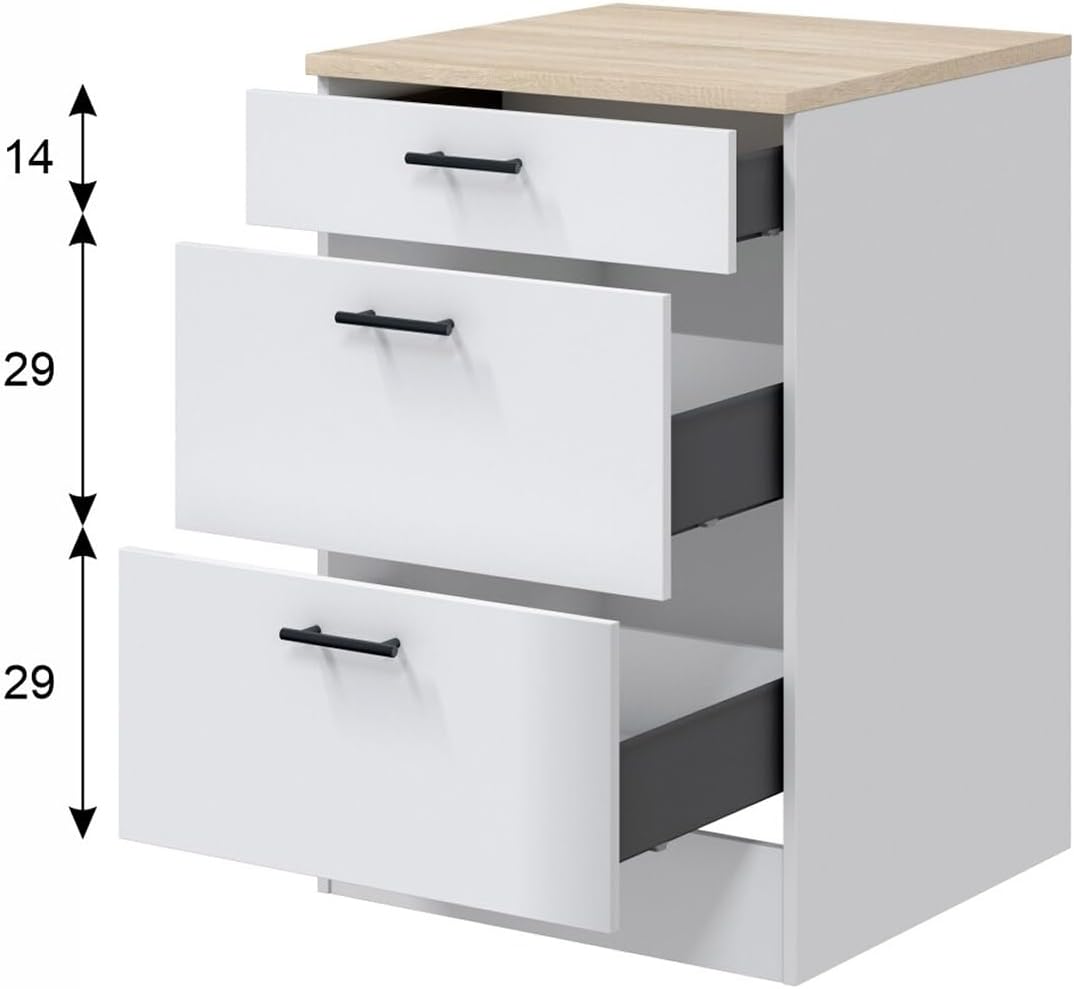 PEGANE Meuble Bas de Cuisine de 3 tiroirs avec Plan de Travail Coloris Blanc Brillant/chêne Canadien - Hauteur 90 x Longueur 60 x Profondeur 60 cm