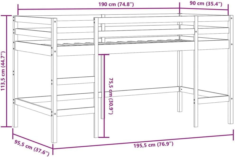 vidaXL Lit Mezzanine Enfants et Tunnel, Lit Surélevé pour Enfants avec Échelle, Meuble de Rangement Chambre, Moderne, Blanc Noir 90x190 cm Pin Massif