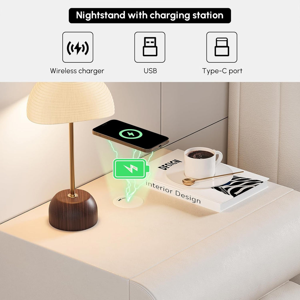 Homary Table de Chevet LED Intelligente Étroite 3 Tiroirs, Chargeur sans Fil USB/Type-C, Petit Meuble de Rangement pour Chambre Adulte (1, Standard)