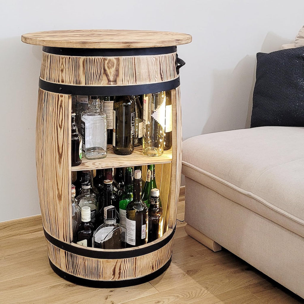 weeco Baril en Bois Massif avec Plateau et éclairage LED - Meuble Bar Rustique pour Bouteilles - Table décorative pour Salon pour Homme et Femme - 80x50 cm
