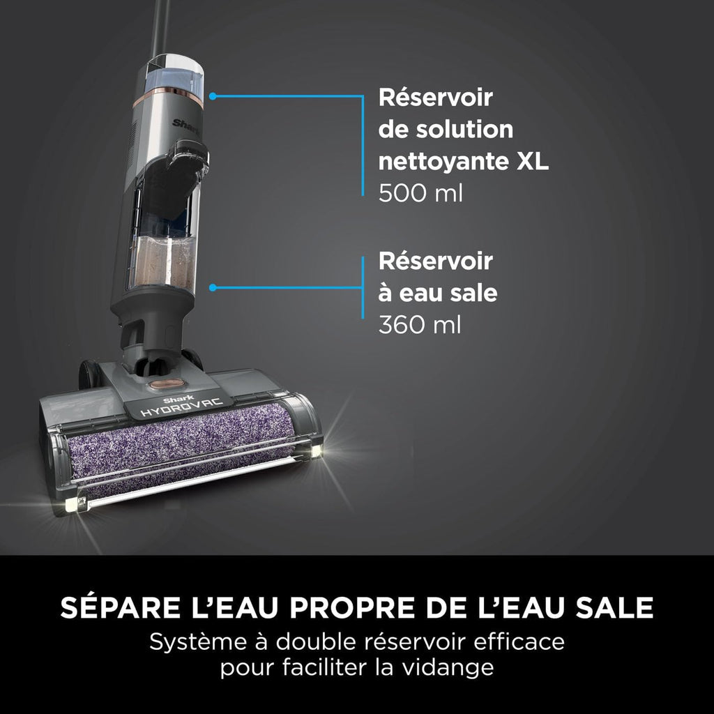 Shark HydroVac Nettoyeur sans fil sols durs, brosse roulante antimicrobienne et solution multi-surfaces neutralisant les odeurs, autonettoyant, aspire,nettoie saletés humides et sèches, gris,WD210EUCP