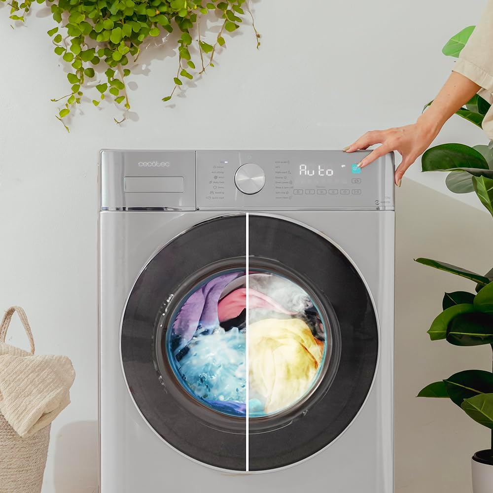 Cecotec Lave-linge Séchant 8-5Kg Bolero Wash&Dry 8590 Inverter Steel 1400RPM, 16 Programmes, Inverter Plus, Lavage à la Vapeur, Lavage et Séchage Intelligents, Stérilisation, Joint Antibactérien