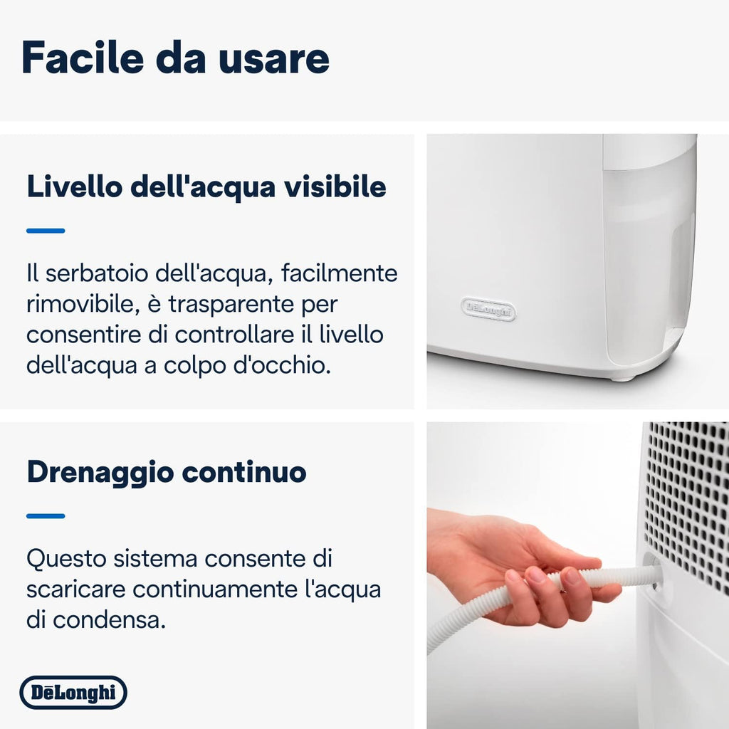 De'Longhi Tasciugo AriaDry Multi Déshumidificateur DEXD214RF, Déshumidificateur Portable avec Filtration à 3 Actions, Fonction Séchage, Déshumidification 14L/Jour, R290, Réservoir Amovible, Blanc