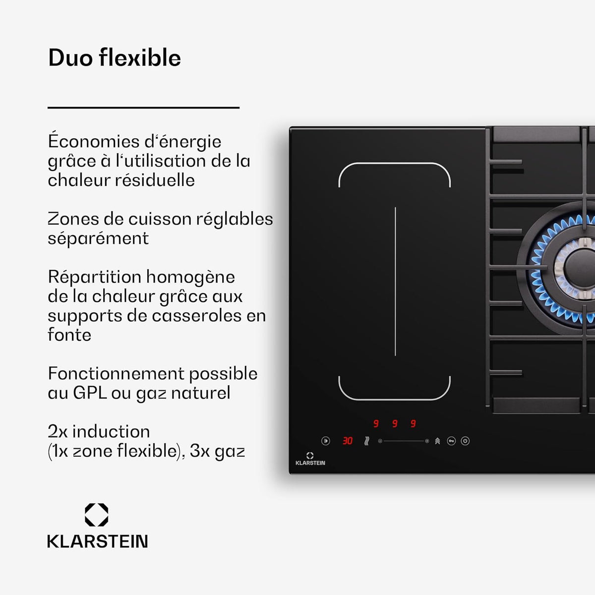 Klarstein MultiChef 5 Plaque Induction Et Gaz - 5 Zones, Flexzone, 10,6 Kw, Commande À Glissière, Stop&Go, Minuterie, Noir, 87,5 Cm