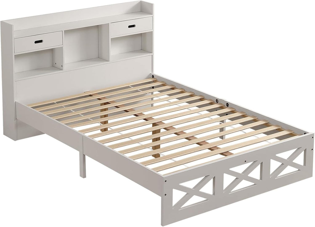 I0I&I0I Ensemble de chambre complète, design moderne, lit en bois, table de chevet et commode, 140 x 200 cm, lit double, fonction de rangement, table de chevet avec 2 tiroirs et 1 compartiment, blanc