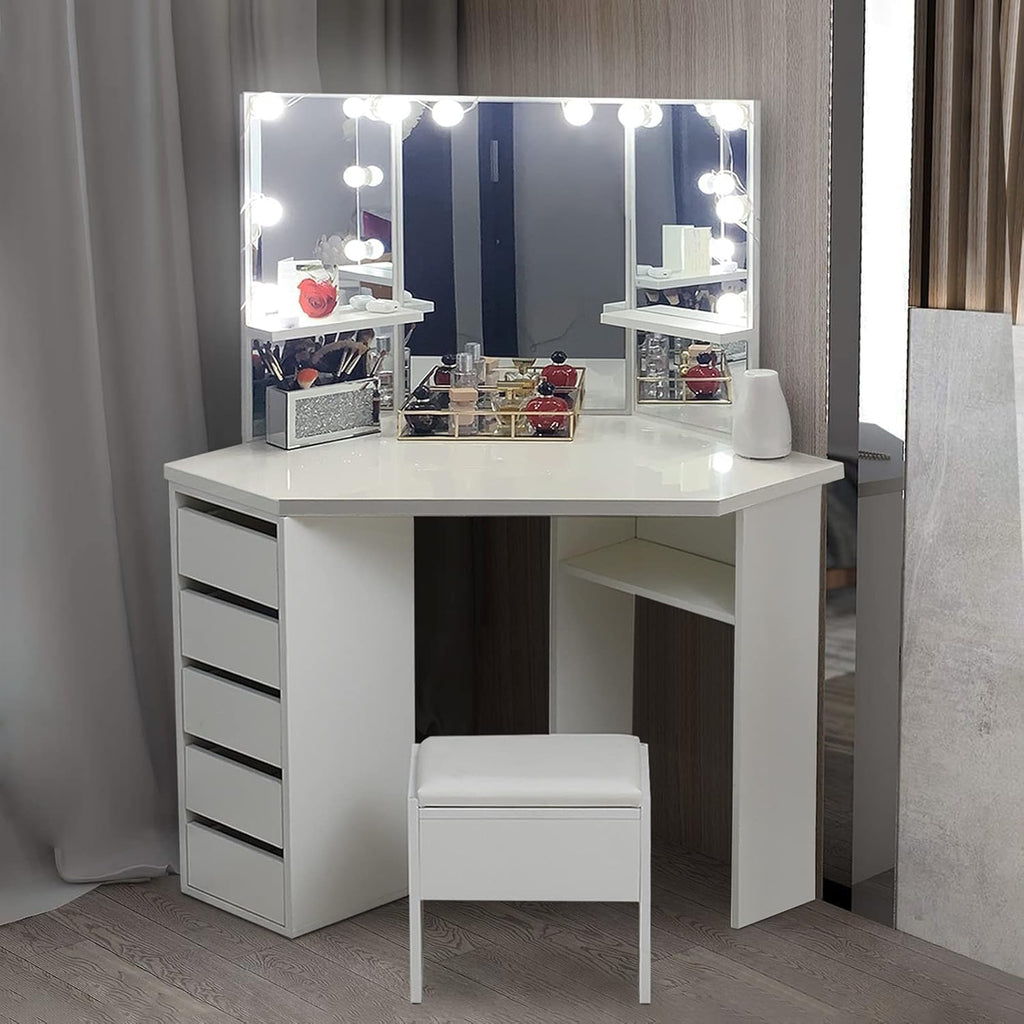 CLIPOP Coiffeuse avec Miroir LED à Luminosité Réglable et 5 Tiroirs Rangement Table de Maquillage Blanche Coiffeuse d'angle avec Tabouret Couffeuse en Bois 114 x 61 x 140 cm