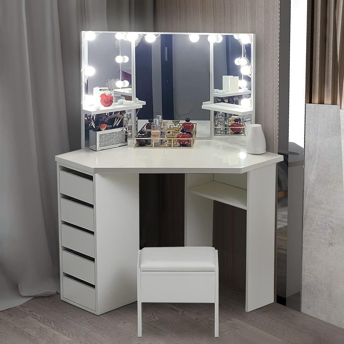 CLIPOP Coiffeuse avec Miroir LED à Luminosité Réglable et 5 Tiroirs Rangement Table de Maquillage Blanche Coiffeuse d'angle avec Tabouret Couffeuse en Bois 114 x 61 x 140 cm