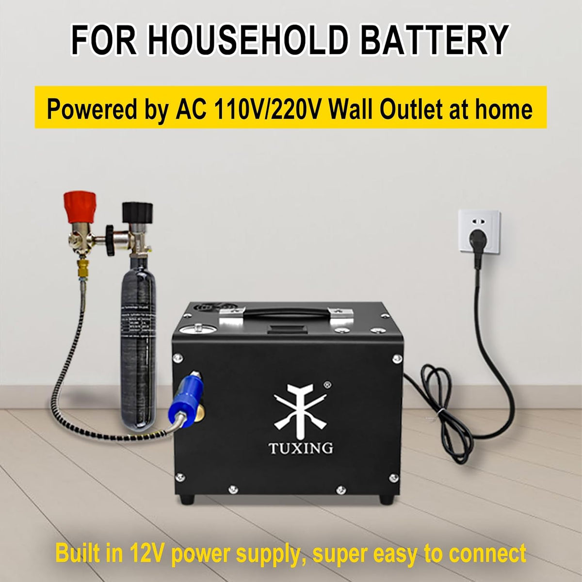 TUXING Compresseur d'air PCP 4500 psi/30 Mpa, arrêt automatique, pistolet et pompe de paintball avec séparateur eau/huile, alimentation intégrée (220 V AC ou batterie)