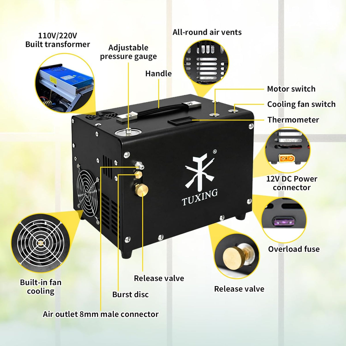 TUXING Compresseur d'air PCP 4500 psi/30 Mpa, arrêt automatique, pistolet et pompe de paintball avec séparateur eau/huile, alimentation intégrée (220 V AC ou batterie)
