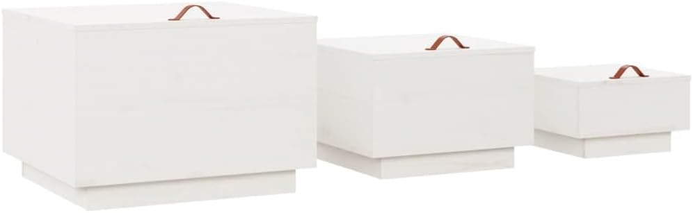 Foknhdi Lot de 3 caisses de rangement en bois de pin blanc 57 × 55 × 40/45 × 43 × 30/35 × 33 × 20 cm empilables avec poignée