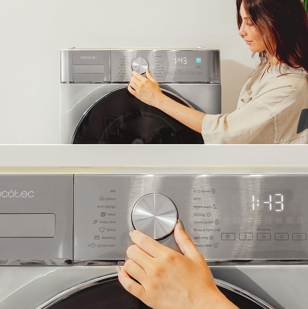Cecotec Lave-linge Séchant 8-5Kg Bolero Wash&Dry 8590 Inverter Steel 1400RPM, 16 Programmes, Inverter Plus, Lavage à la Vapeur, Lavage et Séchage Intelligents, Stérilisation, Joint Antibactérien