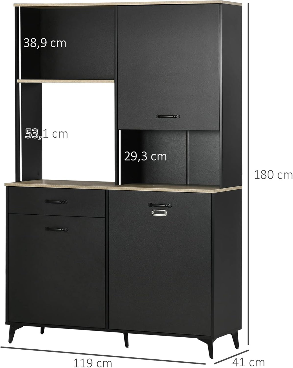HOMCOM Buffet de Cuisine Armoire de Cuisine Buffet de Salle à Manger 3 niches Ouverts 3 placards avec Porte et 1 tiroir 119 x 41 x 180 cm Noir