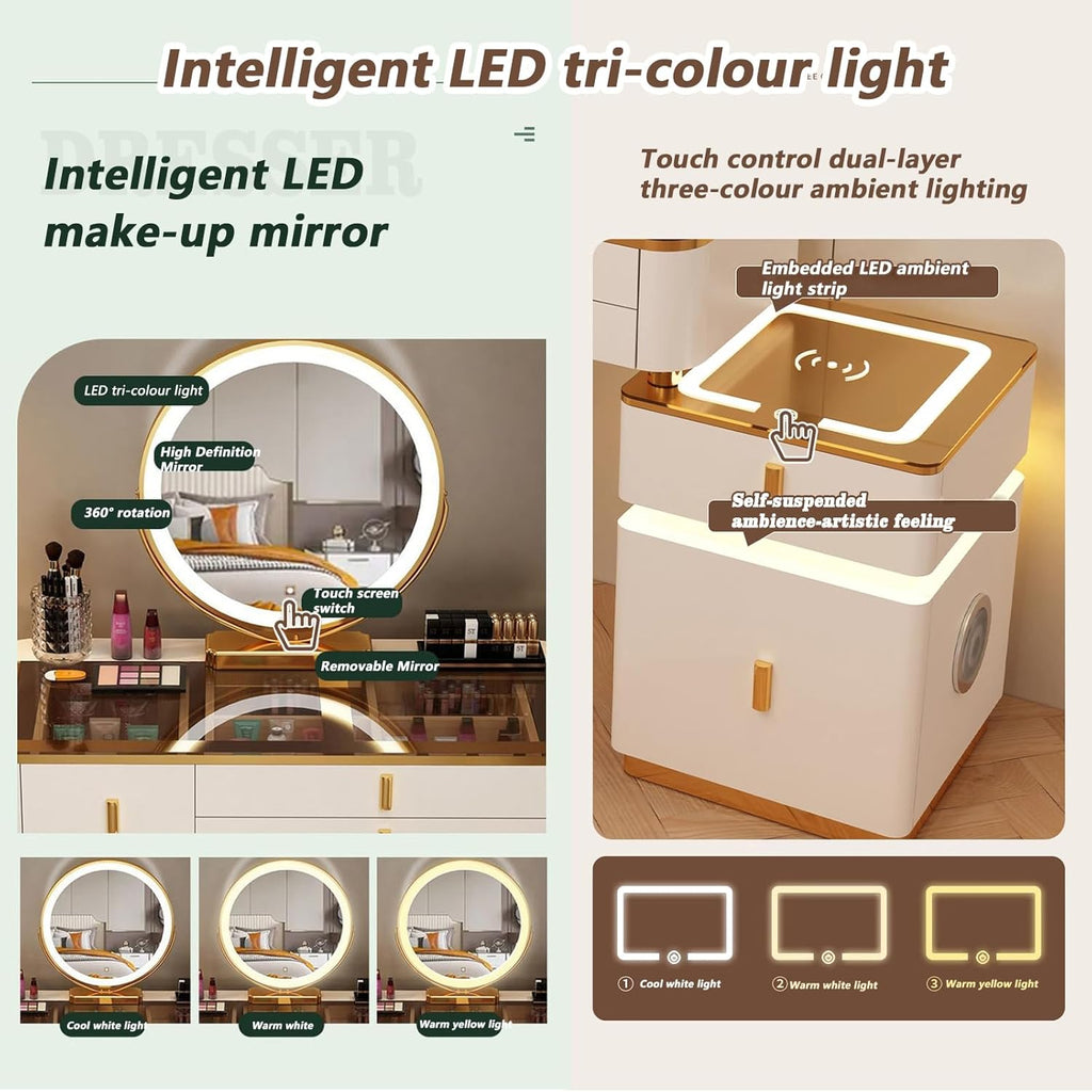 Generisch Ensemble de coiffeuse avec lumières LED, table de maquillage avec 5 tiroirs, station de charge sans fil et haut-parleur Bluetooth, chaise pour chambre à coucher filles femmes Blanc-noir