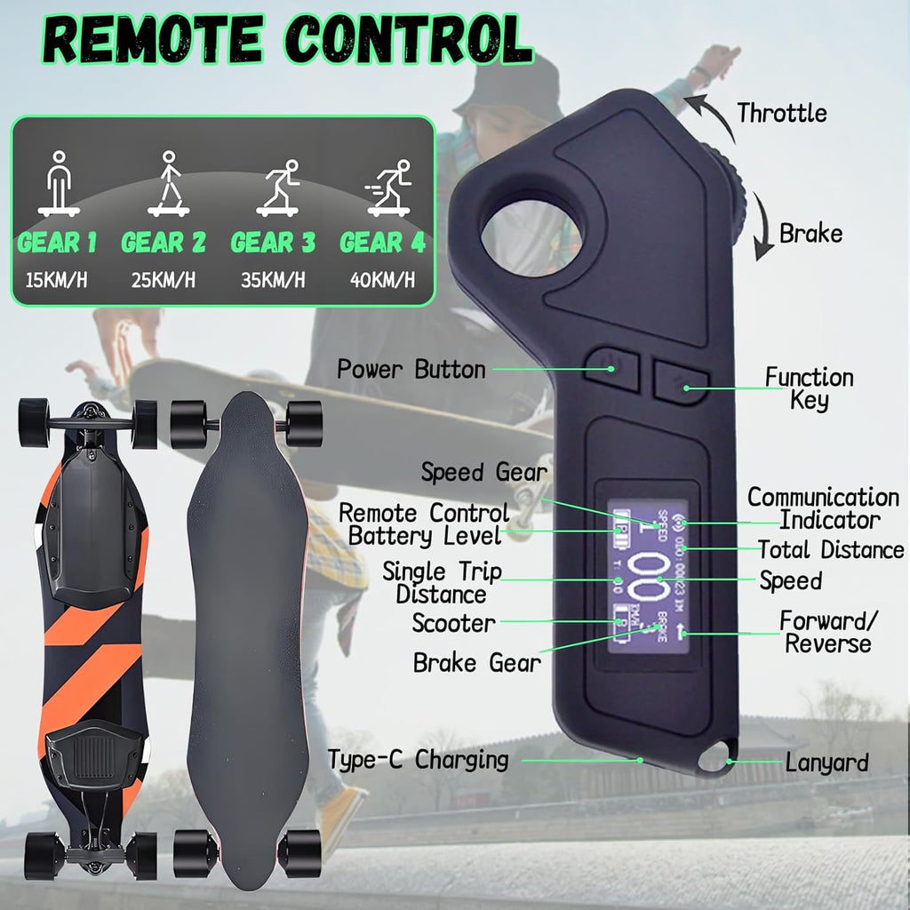 PxkVrin Skateboard électrique Tout Terrain avec télécommande, capacité de Charge de 150 kg, pour Une Utilisation sur Campus et en Ville. Orange