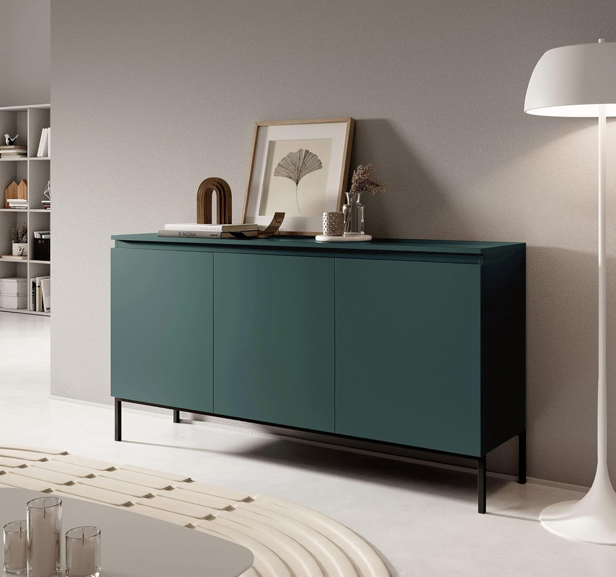 Selsey Commode Armoire 3 Portes 77 x 150 cm sur Pieds Dorés Meuble De Rangement pour Chambre À Coucher Vert Foncé Bemmi