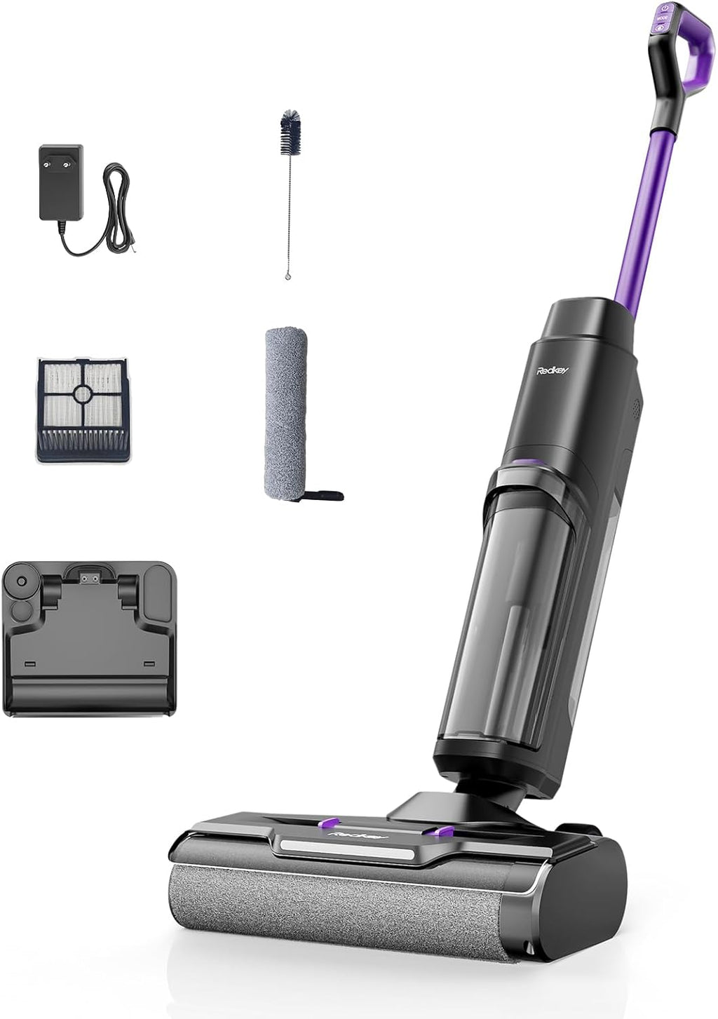 Redkey W15 Aspirateur Balai Laveur sans Fil, 20.000 Pa Balai aspirateur Laveur 3 en 1, Aspiration Puissant Eau et Poussière, 5mm Simple Lamination, Longue Autonomie, LED écran Digital, Auto-Nettoyage