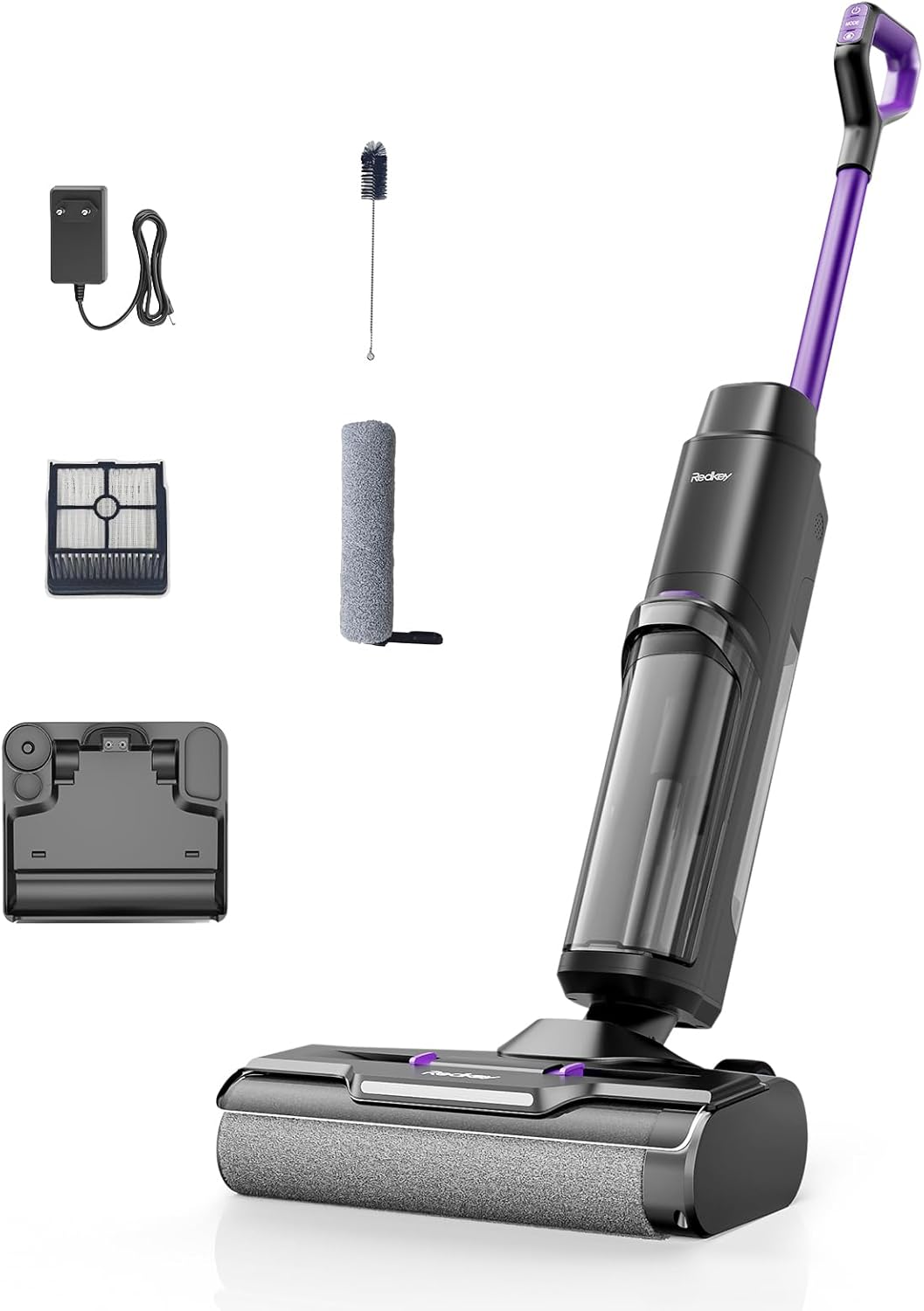 Redkey W15 Aspirateur Balai Laveur sans Fil, 20.000 Pa Balai aspirateur Laveur 3 en 1, Aspiration Puissant Eau et Poussière, 5mm Simple Lamination, Longue Autonomie, LED écran Digital, Auto-Nettoyage