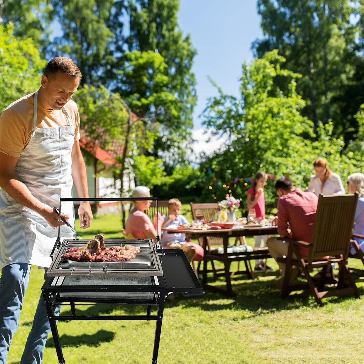 Barbecue au charbon de bois robuste, carré et amovible pour l'extérieur, grille de cuisson rotative 360° et debout avec roues pour camping