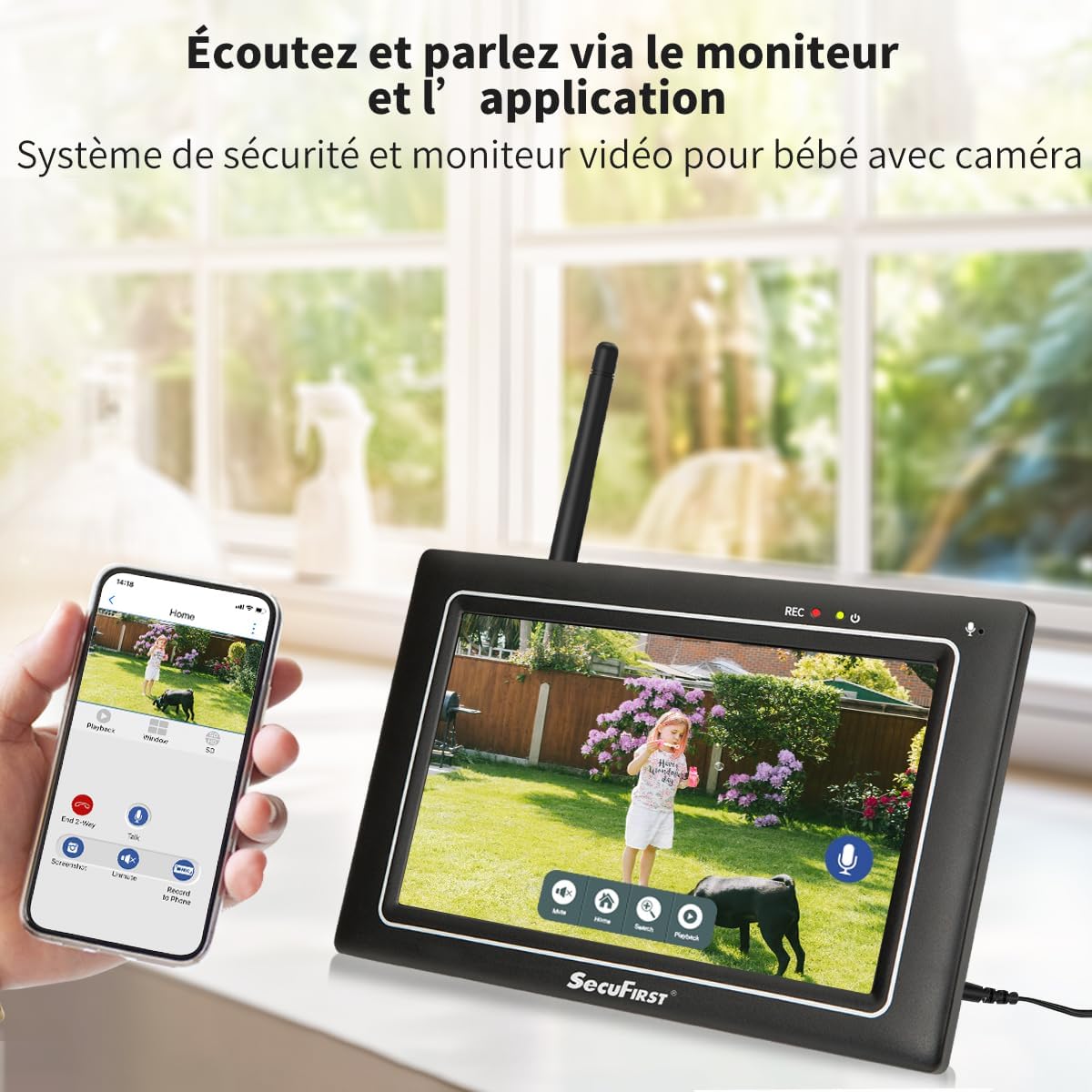 SecuFirst Kit 2K Caméra de Surveillance Extérieure sans Fil avec Moniteur intérieur,Écran Tactile 7",Vidéo Babyphone Camera,Travailler sans WiFi,Détecteur de Mouvement, Carte SD 64 Go, Interphone