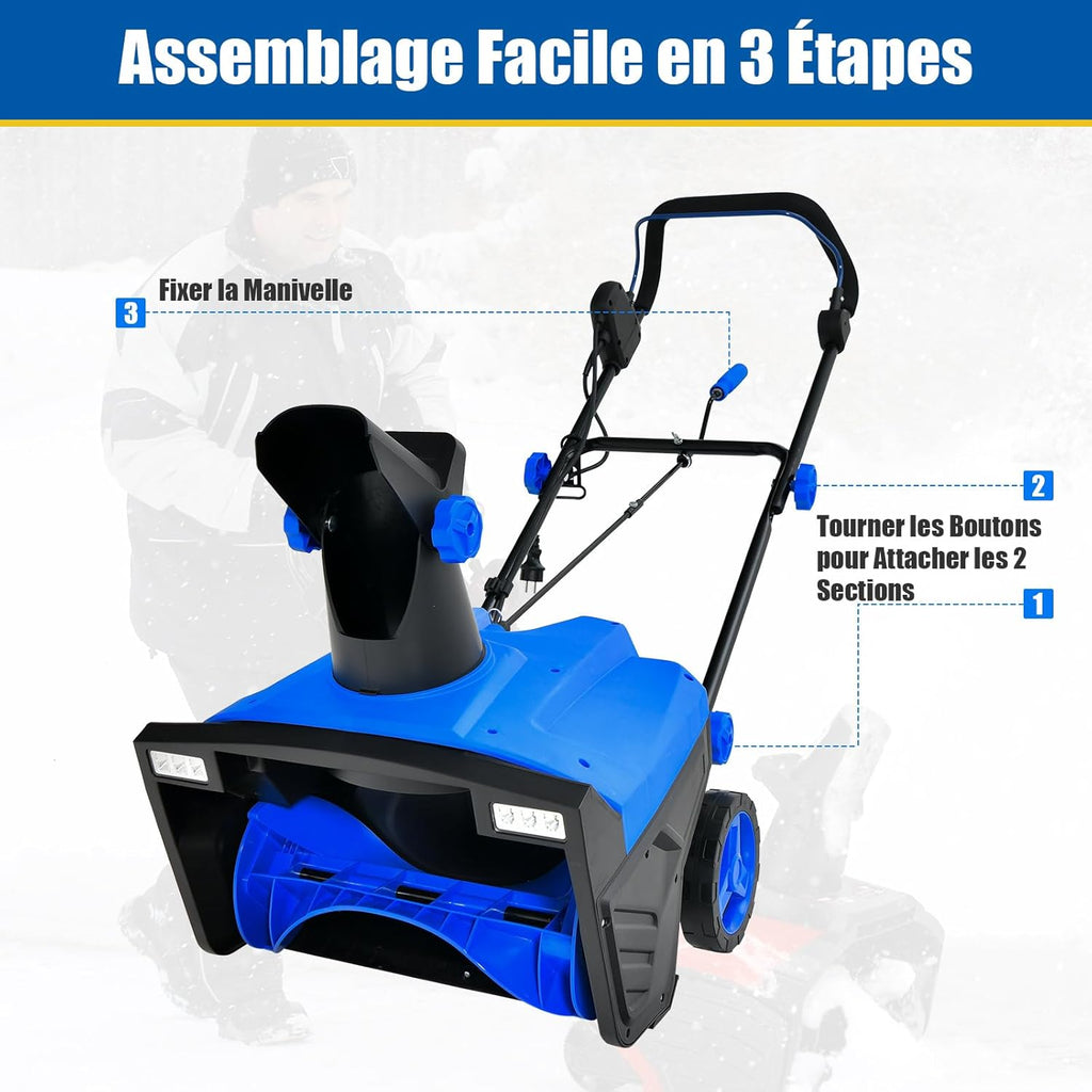 COSTWAY Déneigeuse Électrique avec 2 Lumières LED, Souffleuse à Neige Filaire 15 A 500 mm avec Goulotte Rotative à 180° Distance de Projection 9 m, pour Jardin Cour (Bleu)