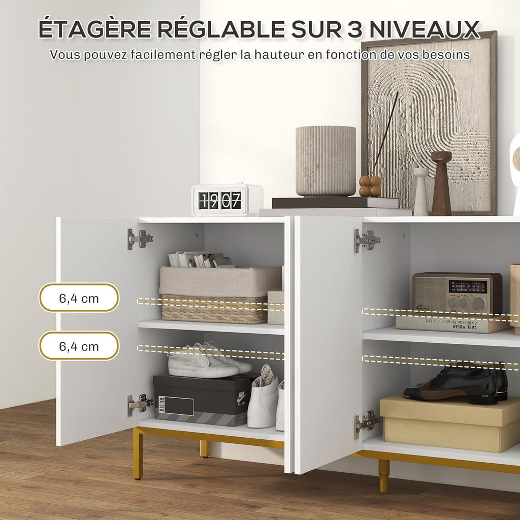HOMCOM Buffet menuble de Rangement Design Contemporain Graphique 2 placards Porte étagères réglables en Bois Blanc métal doré