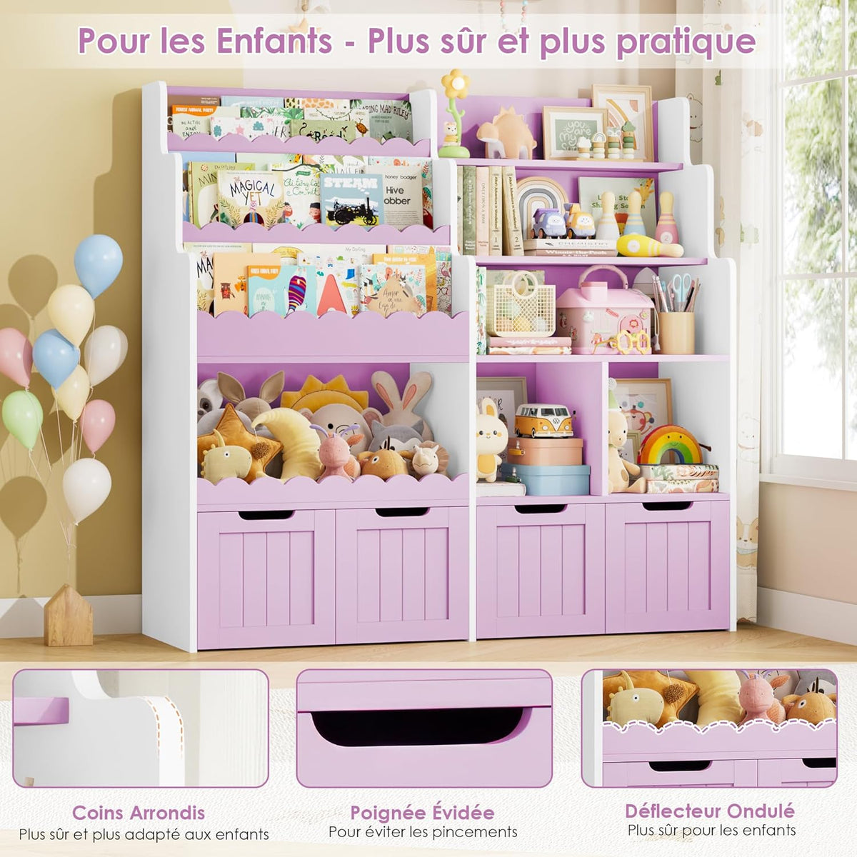 FOREHILL Meuble Rangement Enfant Bibliothèque Enfant avec 4 Boîtes Amovibles 9 Étagères Rangement Jouet pour Chambre d’Enfants Salle de Jeu 125x40x120 cm Couleur Lavande