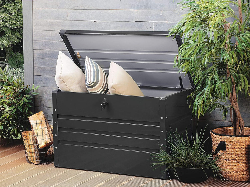 Coffre de Rangement Extérieur 100 x 62 cm 300 Litres en Acier Galvanisé Gris Foncé Idéal pour les Accessoires de Jardin Durable et Décoratif Beliani