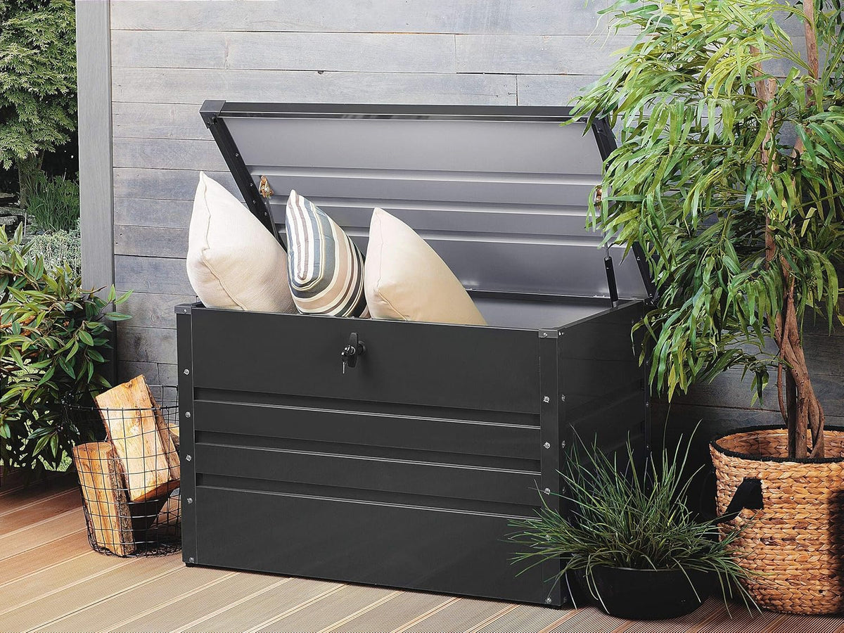Coffre de Rangement Extérieur 100 x 62 cm 300 Litres en Acier Galvanisé Gris Foncé Idéal pour les Accessoires de Jardin Durable et Décoratif Beliani