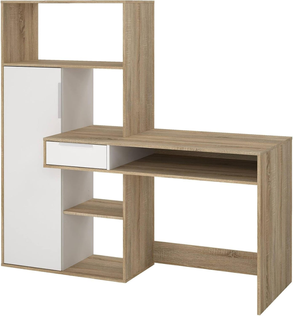 Dmora - Bureau multifonction avec bibliothèque, tiroir et porte, coloris blanc et chêne, 162 x 155 x 60 cm