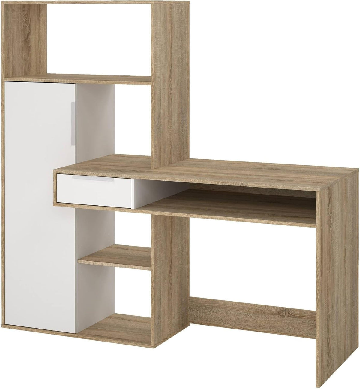 Dmora - Bureau multifonction avec bibliothèque, tiroir et porte, coloris blanc et chêne, 162 x 155 x 60 cm