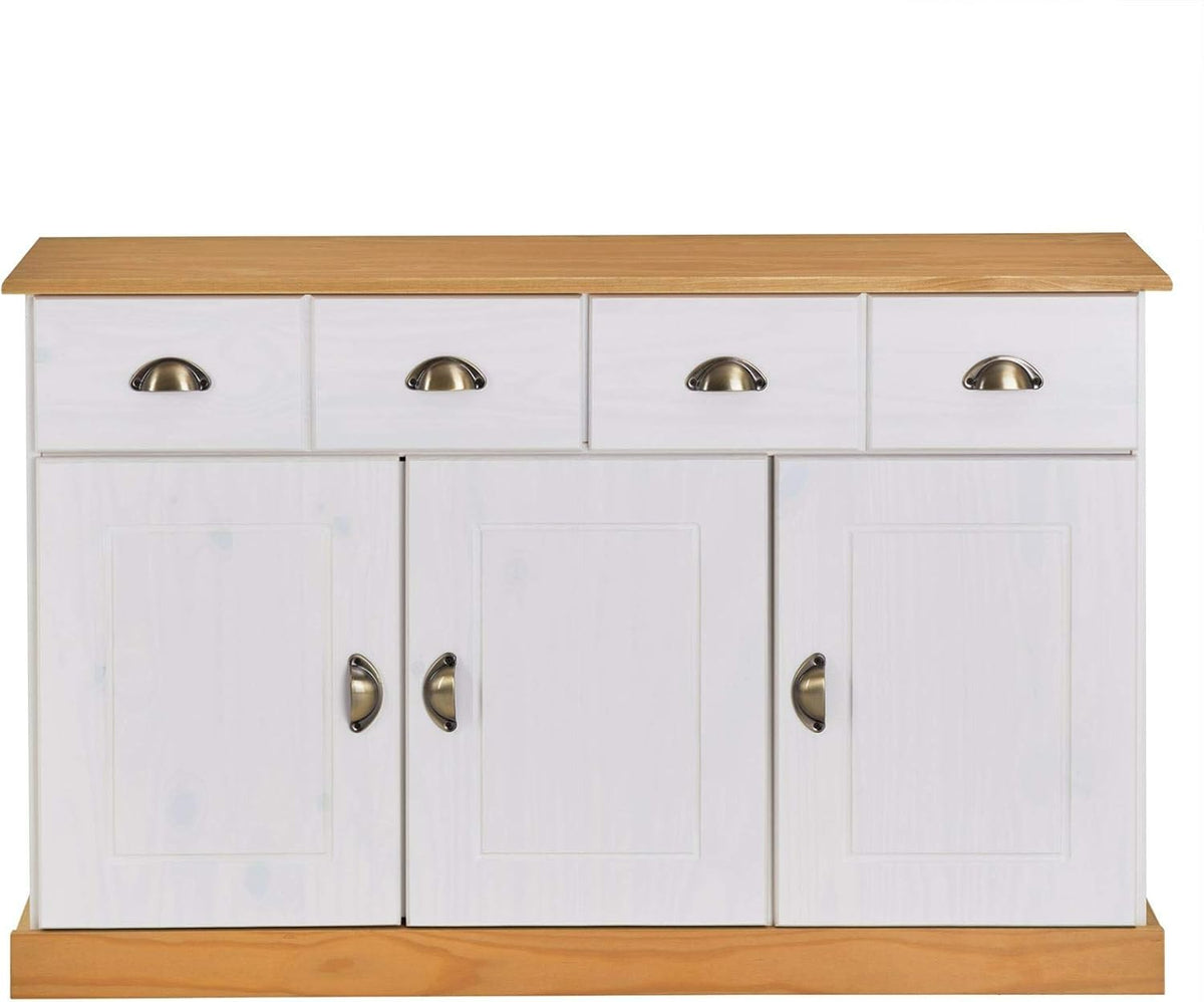 Buffet salle à manger PARIS en bois massif L 116 cm avec 3 portes battantes et 2 tiroirs spacieux, poignées coquille, meuble de rangement pratique, Structure robuste et finition élégante, blanc et bru