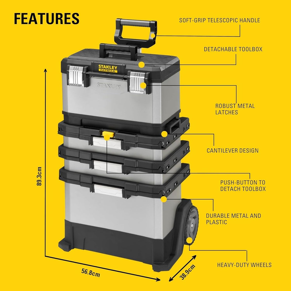 STANLEY FATMAX Rolling Workshop, 4-en-1 Units including Removable Toolbox, Durable Metal and Plastic, Mobile Workstation, 1-95-622
