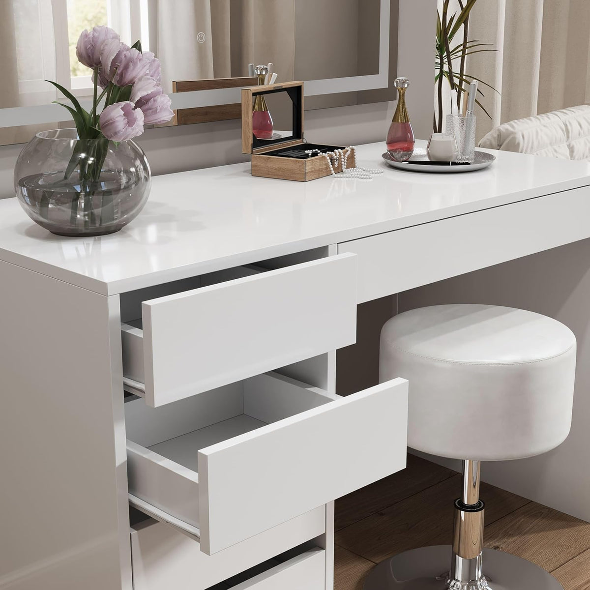 Vicco Coiffeuse Sherry, Blanc Haute Brillance, 120 cm avec éclairage LED