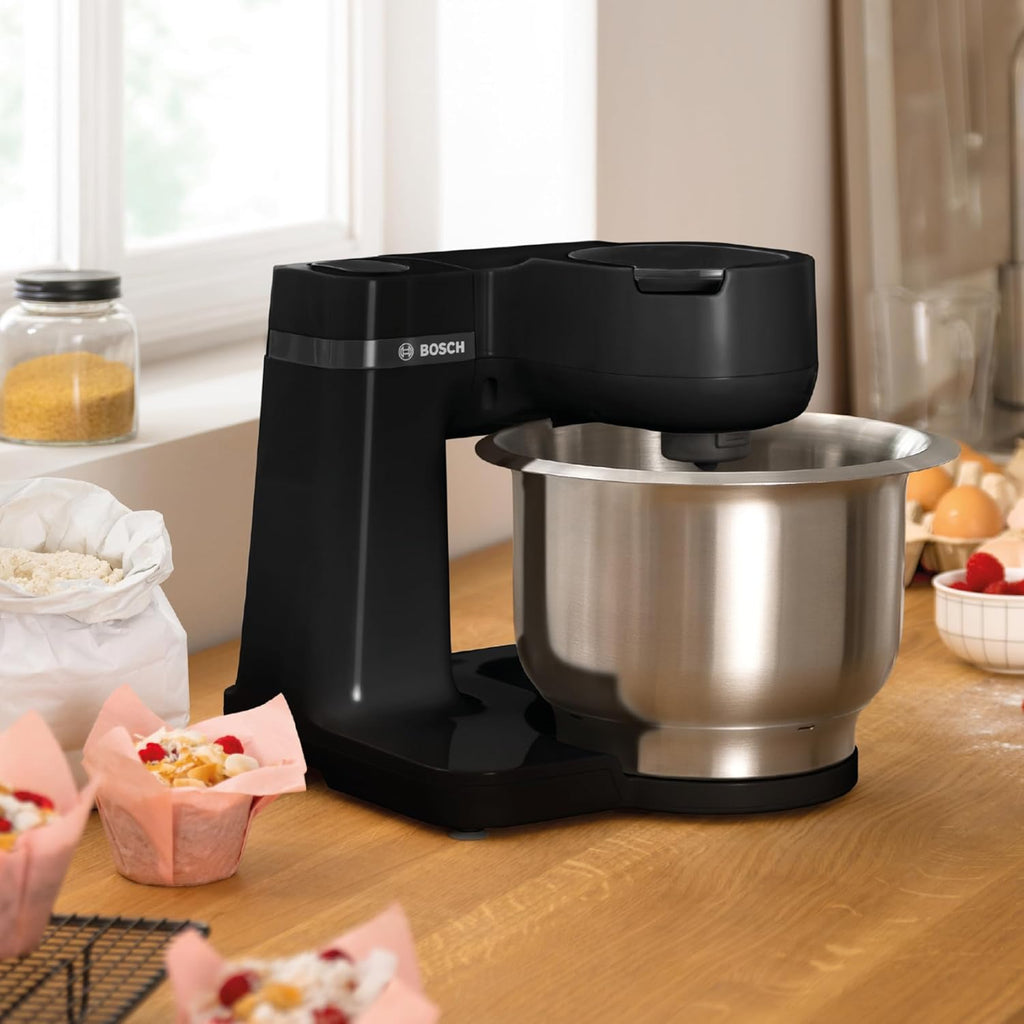 Bosch MUMS2EB01 Robot de cuisine MUM Serie 2, 700 W, bol en acier inoxydable 3,8 L, hachoir et 3 tranches, kit de pâtisserie en acier inoxydable, noir
