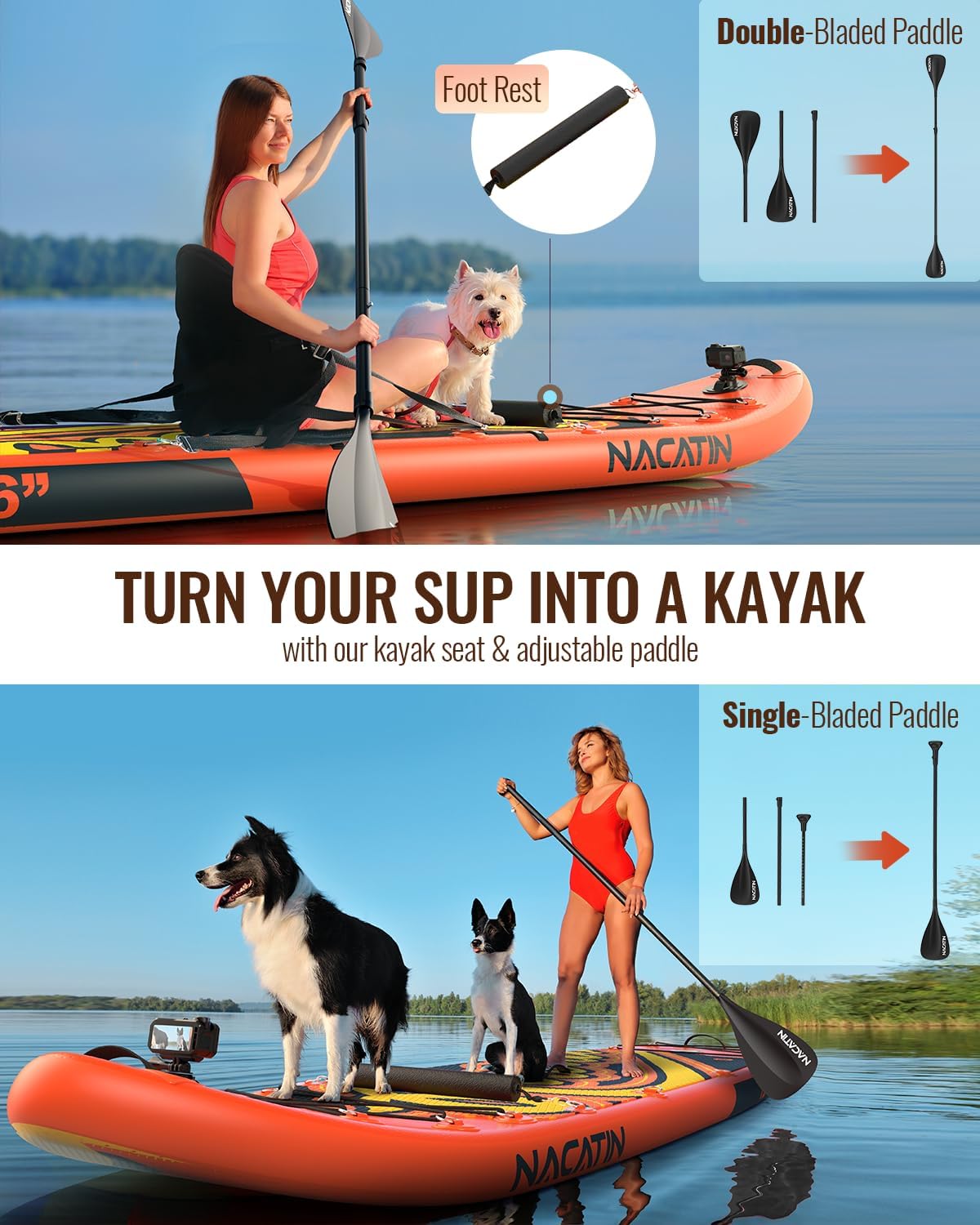 Planche de paddle familiale gonflable de 30,5 cm avec kit de conversion en kayak, kit complet de paddle pour adultes, avec pagaie simple/double, siège de kayak et autres accessoires