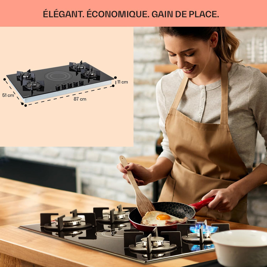 Klarstein Plaque de Cuisson Mixte Gaz et Vitrocéramique 5 Feux, Table de Cuisson Vitro de 9.2 kW en Acier Inoxydable