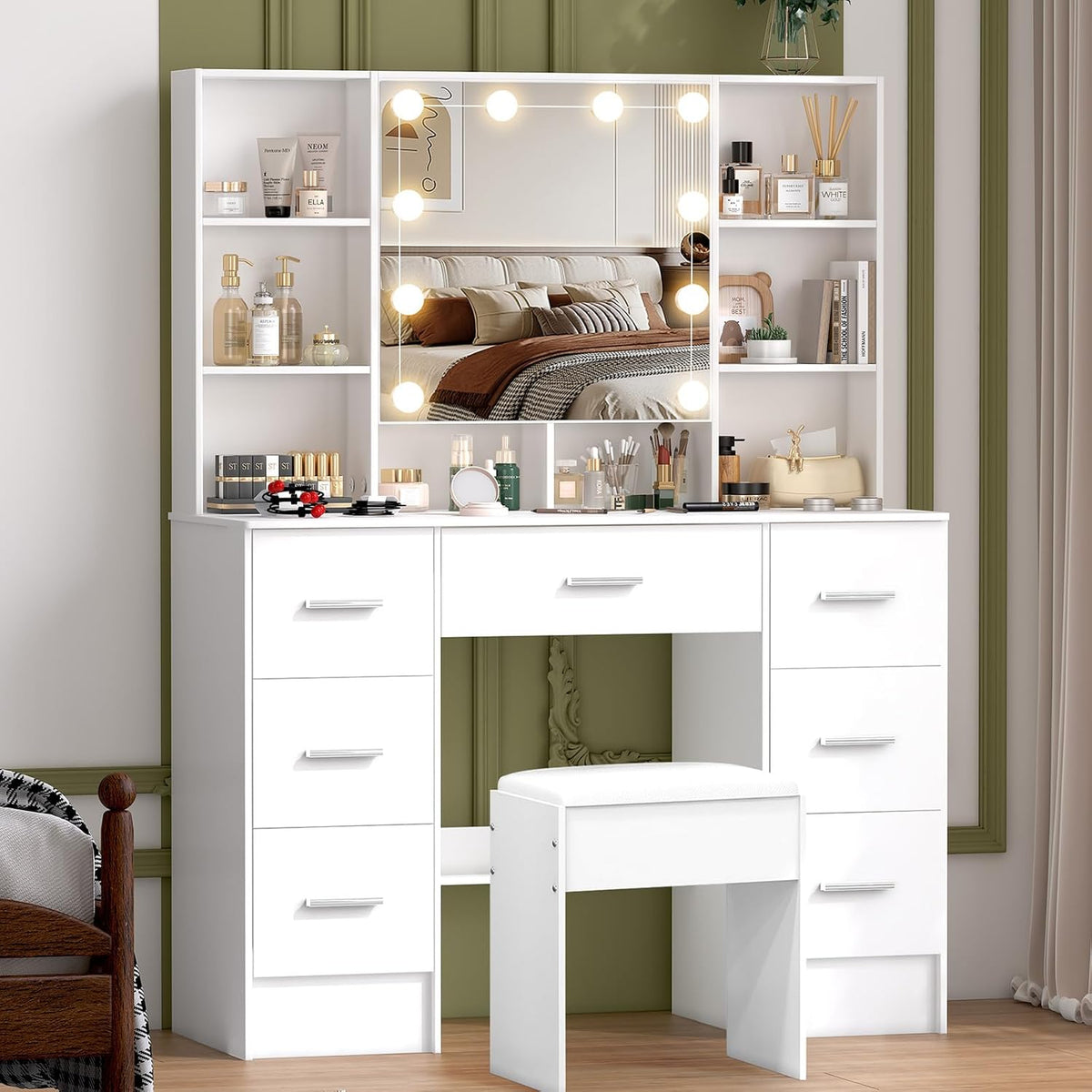 Buildonely Grande coiffeuse avec tabouret, miroir et éclairage, 3 températures de couleur avec luminosité réglable, table cosmétique avec 7 tiroirs, 40 x 100 x 140 cm, SD5210
