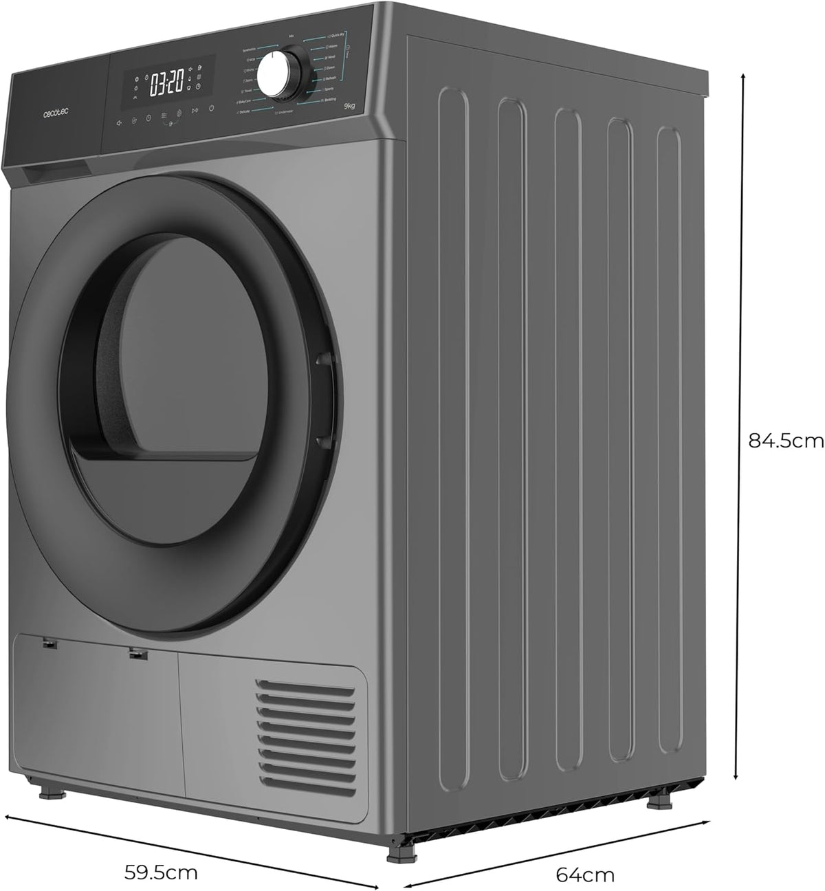 Cecotec Sèche-linge 9Kg à Pompe à Chaleur Bolero Dresscode Dry 9330 Steel. Classe Équivalente A++, 15 Programmes, Fonctions de Séchage Auto, Repassage Facile, Stop&Go, Delay Start et KidLock, Acier