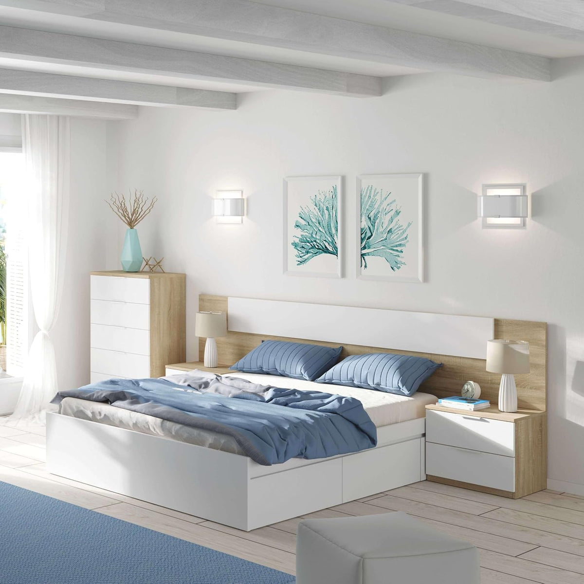 Habitdesign Modèle Alaya Tête de lit et 2 tables de chevet Blanc « Artik » et chêne canadien 247 x 50 x 38 cm