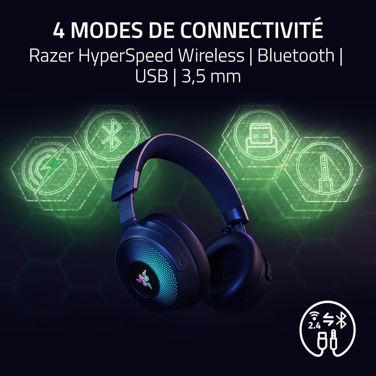Razer Kraken V4 Pro - Casque de Jeu sans Fil avec hub de contrôle - Sensa HD haptics (hub de contrôle OLED, Triforce 40mm Drivers, HyperSpeed & Bluetooth, THX Spatial Audio, RGB) Noir