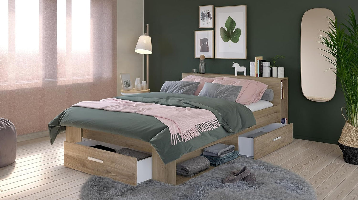 Lit avec Rangement 140x190 Style Contemporain 3 Tiroirs - Coloris Chêne - 150,1 x 217,1 x 74,3 cm