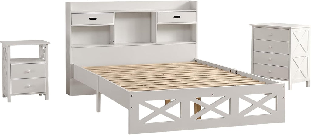 I0I&I0I Ensemble de chambre complète, design moderne, lit en bois, table de chevet et commode, 140 x 200 cm, lit double, fonction de rangement, table de chevet avec 2 tiroirs et 1 compartiment, blanc