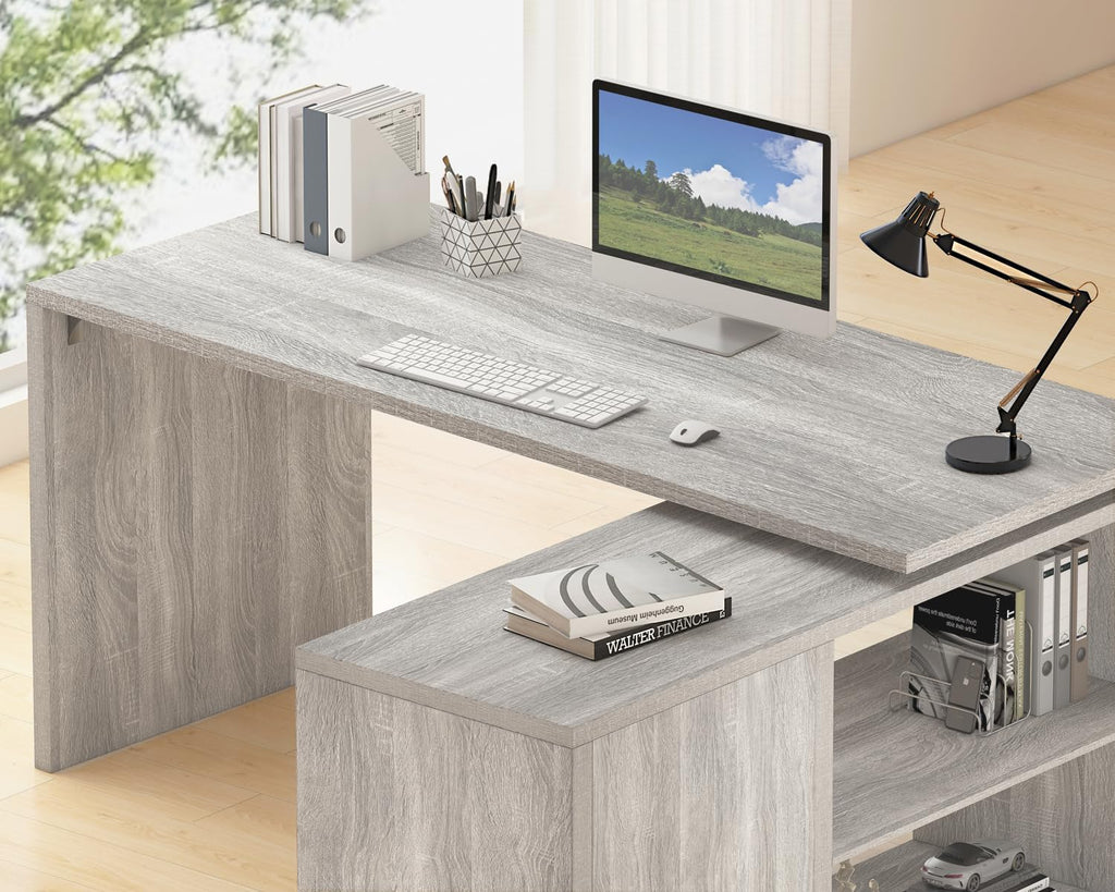 HSH Bureau d'angle gris en forme de L avec étagères de rangement, bureau d'ordinateur réversible en forme de L avec armoire de rangement, bureau d'angle réglable pour PC, écriture, étude, travail, 140